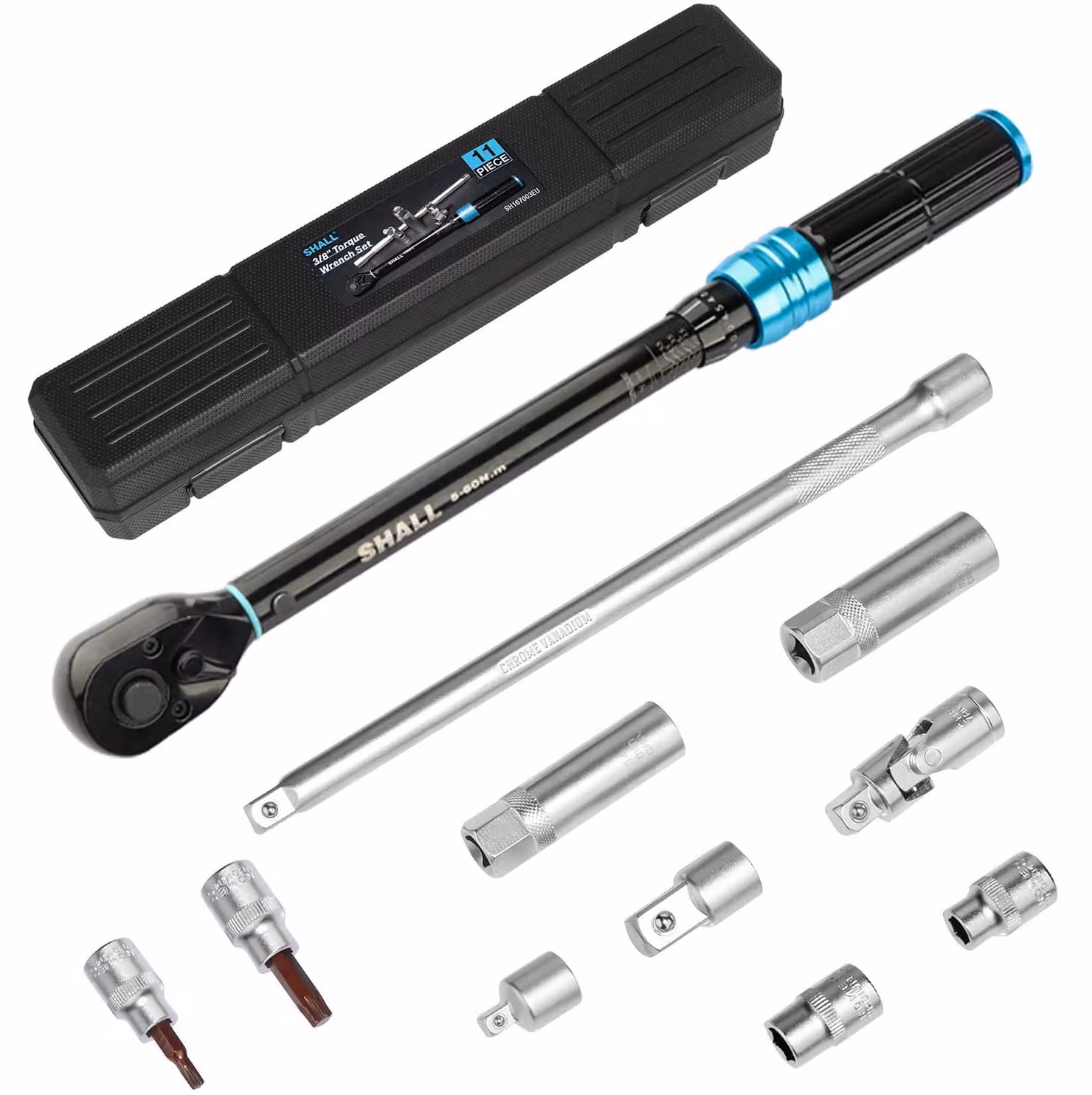 Set di chiavi dinamometriche da 11 pezzi, con adattatori e prolunghe, da 3/8", con coppia di serraggio da 5 a 60 Nm