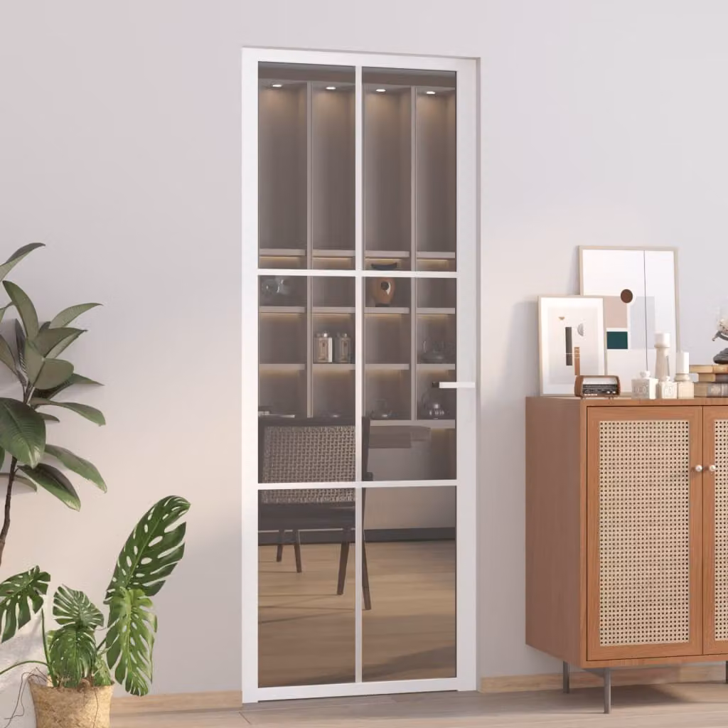 Porta interna The Living Store 76x201,5 cm in vetro temperato di sicurezza bianco e alluminio