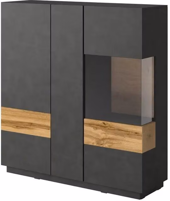Buffet alto KILES tre porte con LED. Colori grigio antracite e rovere. Stile design