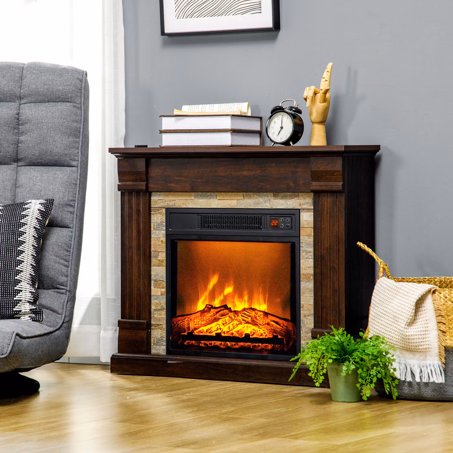 Camino Elettrico da Incasso a Terra HOMCOM con Timer e Fiamma Regolabile, Marrone, L: 80 cm, P: 21.6 cm, H: 67.8 cm – 2