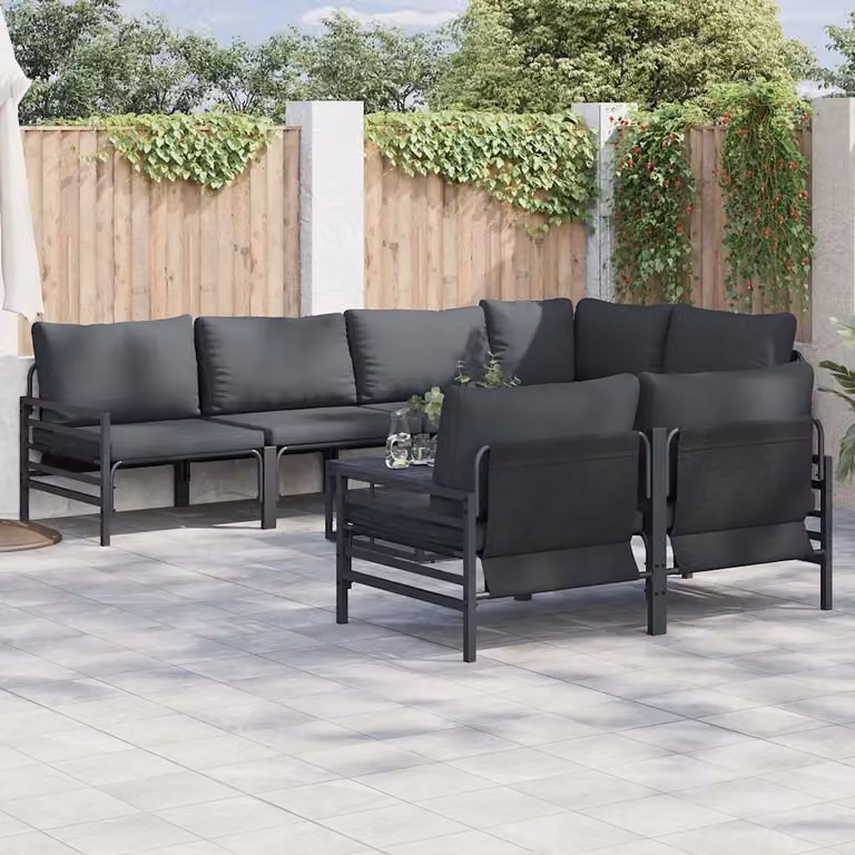 Set Divano da Giardino a L vidaXL 7 Pezzi in Acciaio Antracite con Cuscini