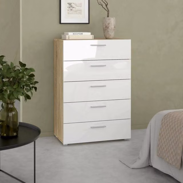 Cassettiera Alf DMORA per camera da letto e soggiorno, mobile con cassetti in finitura quercia e bianco lucido, L 70 cm x P 40 cm x H 102 cm