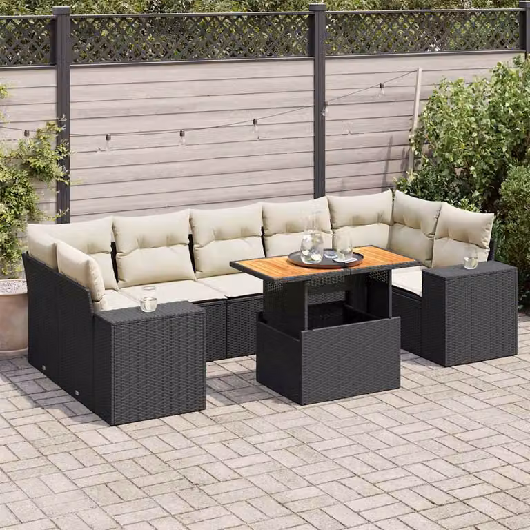 Set Divani da Giardino vidaXL a Forma di L in Polyrattan Nero con Cuscini e Tavolino da Esterno