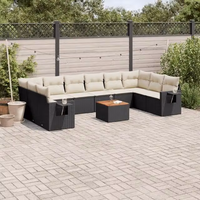 Set di divani da giardino vidaXL in polyrattan nero con cuscini bianchi e tavolino da esterno 11 pz