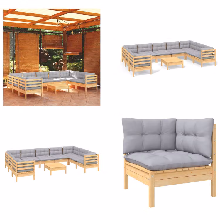 vidaXL Set salotto da giardino 10 pezzi con cuscini grigi in legno di pino - Set salotto da giardino - Set salotto da giardino - Set mobili da giardino - Set mobili da giardino