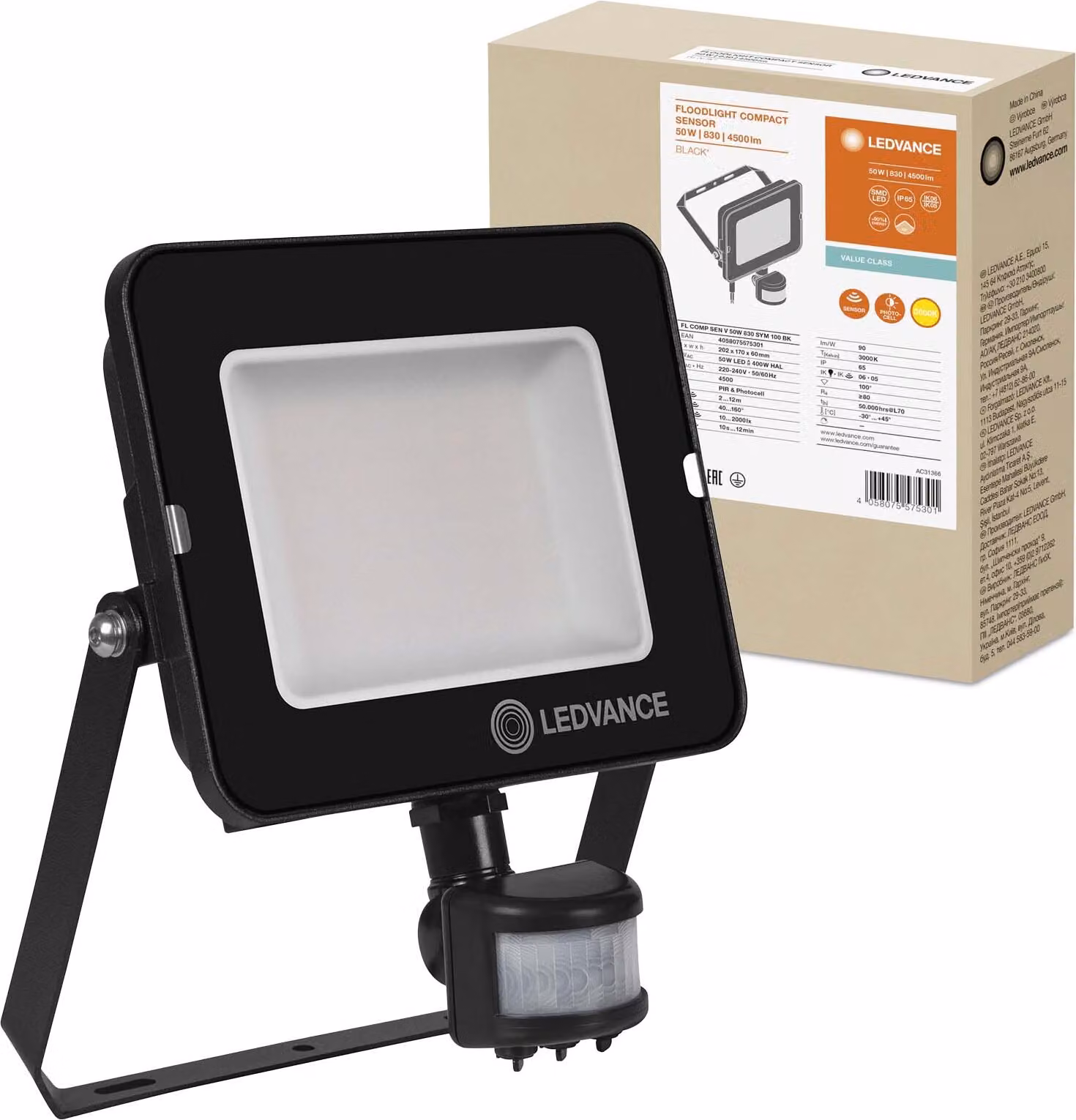 Proiettore LED Proiettore da esterno 50W 4500lm 3000K IP65 Nero con sensore di movimento e crepuscolo Proiettore Ledvance