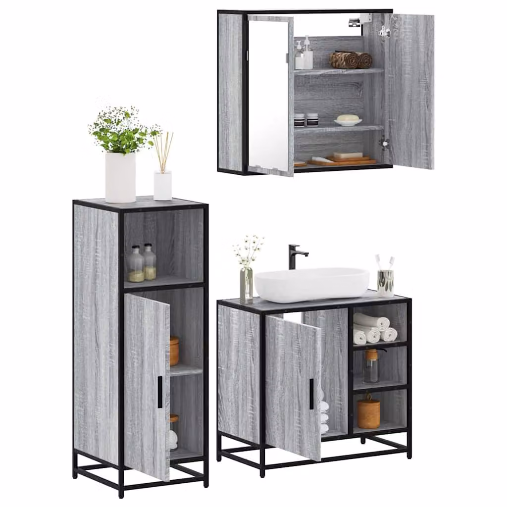 Set di mobili da bagno industrial vidaXL in 3 pezzi Grigio con specchio e ripiani in legno e metallo L/P/H: 65 x 33 x 60 cm