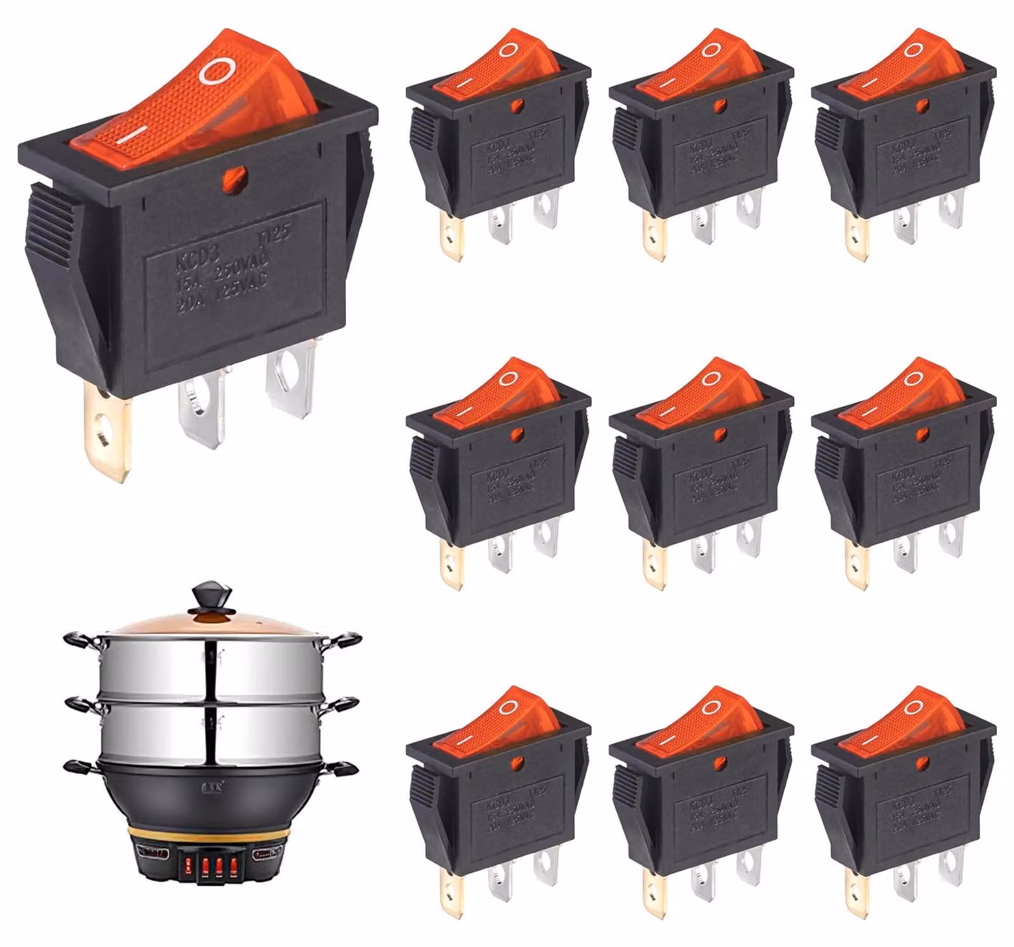 Interruttore a levetta, luce rossa, 3 poli, 250V/15A, 125V/20A, con funzione on/off, confezione da 10 pezzi
