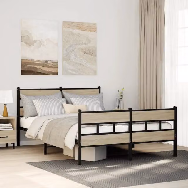 Letto con struttura in metallo e legno color Rovere Sonoma vidaXL L: 142 cm, P: 196 cm, H: 91,5 cm