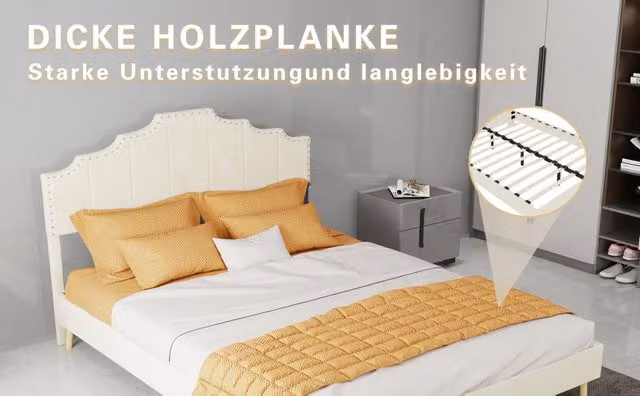 Letto imbottito minimalista 140×200 cm beige con testiera geometrica, base bassa senza contenitore e materasso 140×200 cm incluso