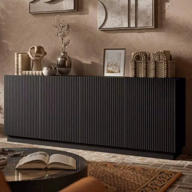 Madia DMORA Masainas, Credenza Moderna con 4 Ripiani, Nero, L: 200 cm, P: 40 cm, H: 78 cm