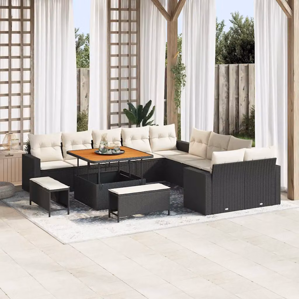 Set Divano da Giardino Moderno vidaXL in Polyrattan Nero con Cuscini e Tavolino da Esterno 13 Pezzi – 1