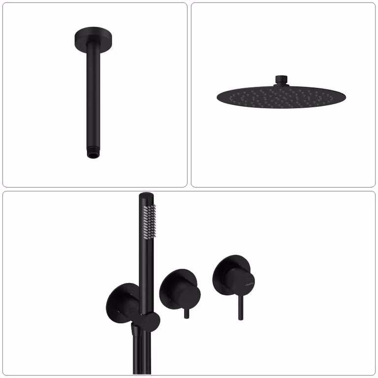 SANYCCES LOOP Miscelatore monocomando da incasso con deviatore, doccetta e flessibile + braccio doccia e soffione Rain con braccio a soffitto, nero opaco