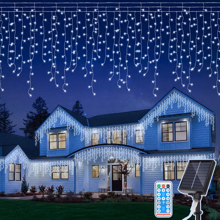 Izrielar 5M LED luci fiabesche solari LED pioggia di ghiaccio 200 LED tenda luminosa ghiacciolo con telecomando decorazione giardino interno esterno bianco freddo