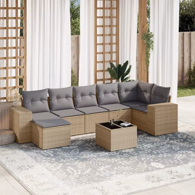 vidaXL Set Divano da Giardino a L 8 pz in Polyrattan con Cuscini Beige e Tavolino