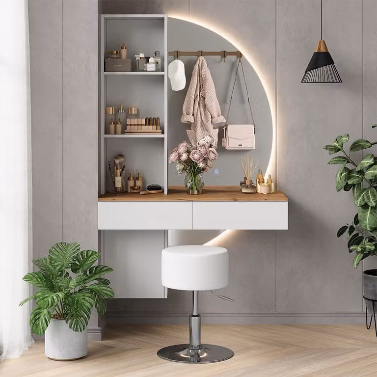 Tavolo da toeletta Vicco Melora Bianco/Rovere 100 cm con specchio LED e sgabello, Model 58450