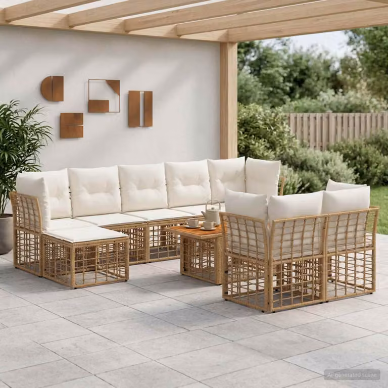 Set Divano da Giardino vidaXL 10 Pezzi in Polyrattan con Cuscini, Tavolino e Pouf, Colore Naturale e Bianco Crema