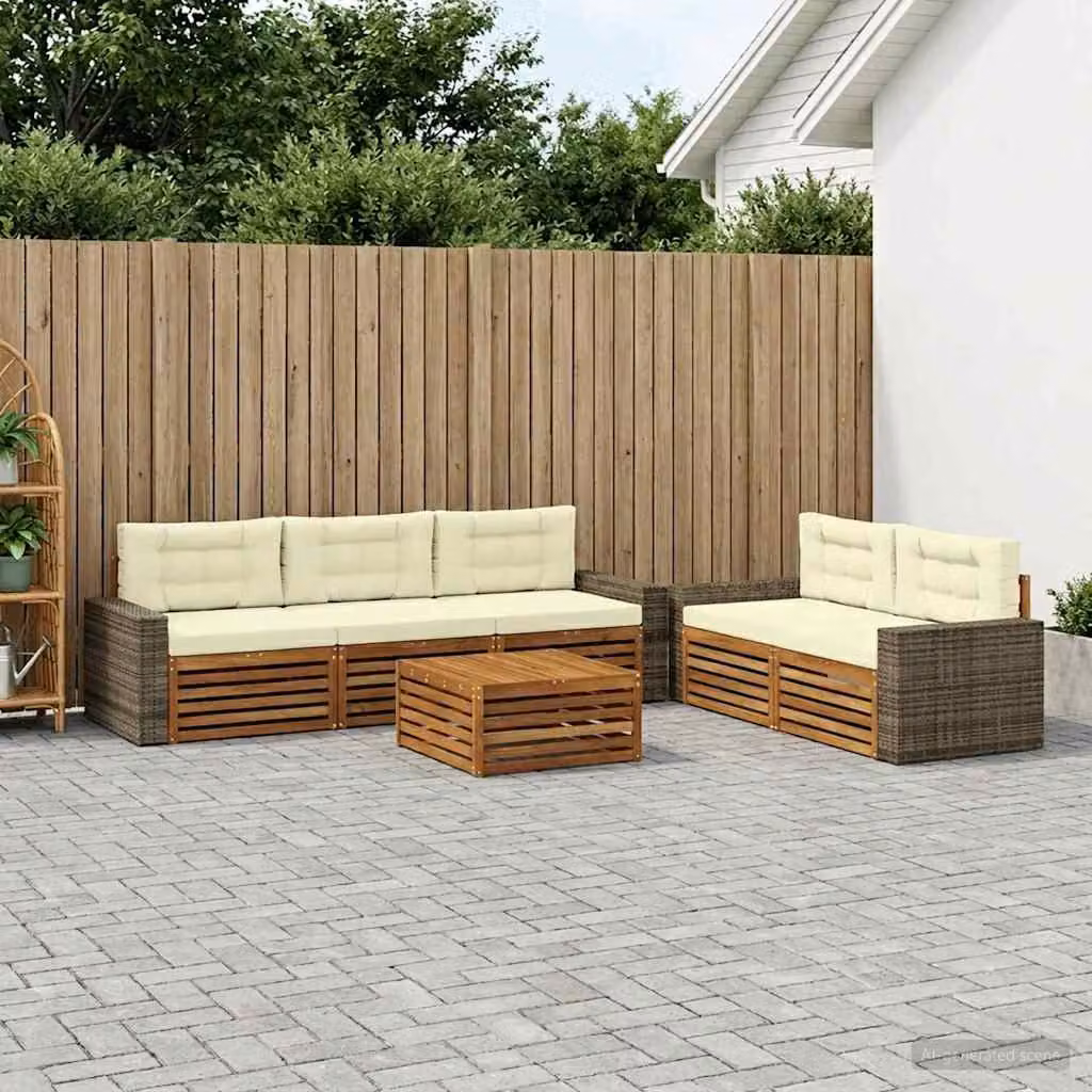 Set di divani da esterno vidaXL 6 pezzi in legno di acacia con tavolino e cuscini, colore beige e bianco