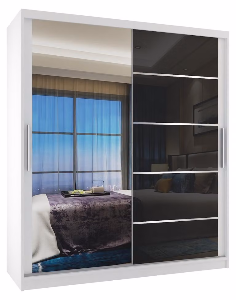 BELINI Verona, armadio scorrevole da 133 cm, bianco/nero lucido - armadio con specchio e 2 cassetti, ideale per la camera da letto