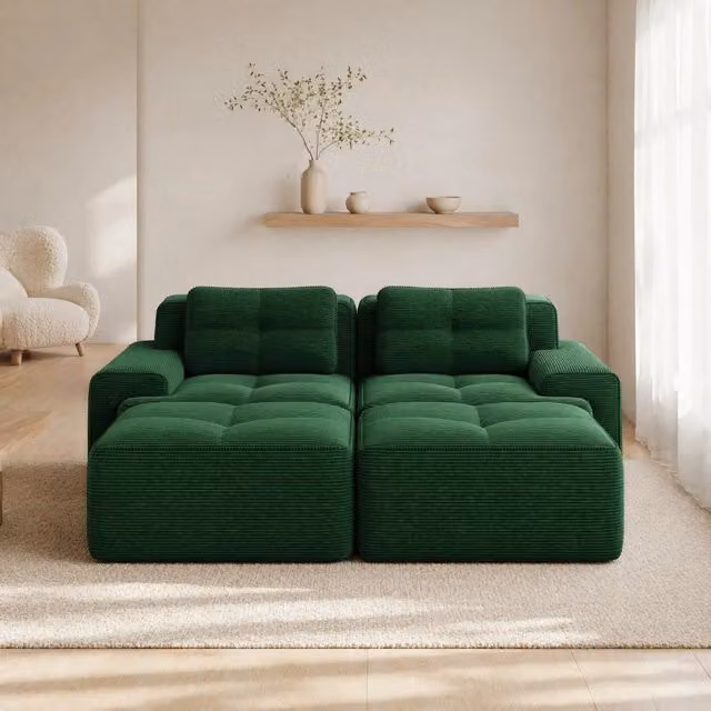 Divano panoramico modulare MIVRAY in velluto verde con seduta profonda e design moderno per il tuo living