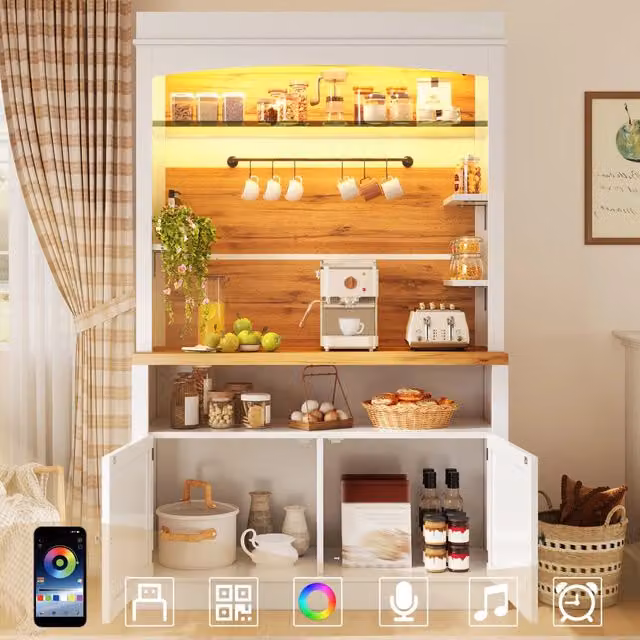 Alta credenza bianca 184 cm con illuminazione LED, ripiano in vetro e barra appendiabiti, portata fino a 60 kg