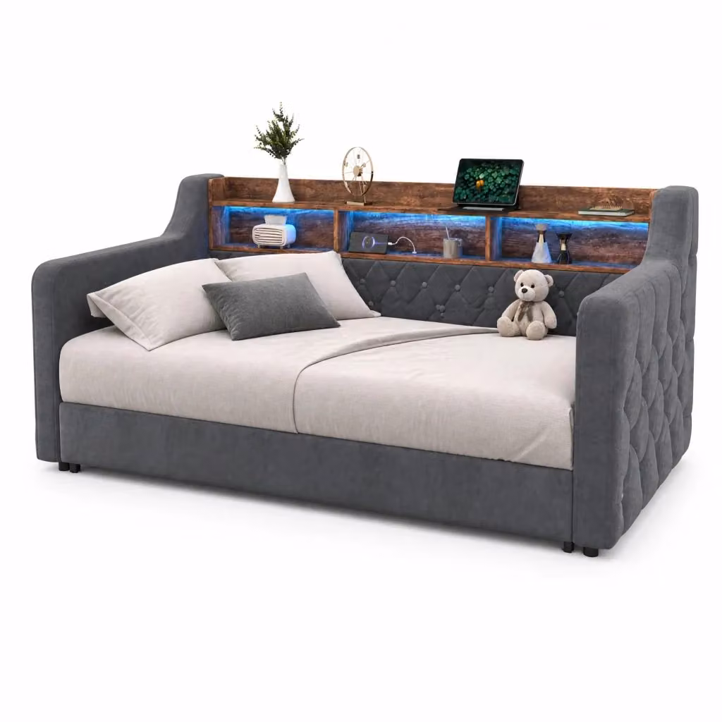 Letto singolo estraibile con contenitore in velluto grigio scuro, dotato di illuminazione LED, porta USB Type-C e mensola integrata, L/P/H: 90 x 190 x 107 cm – 2