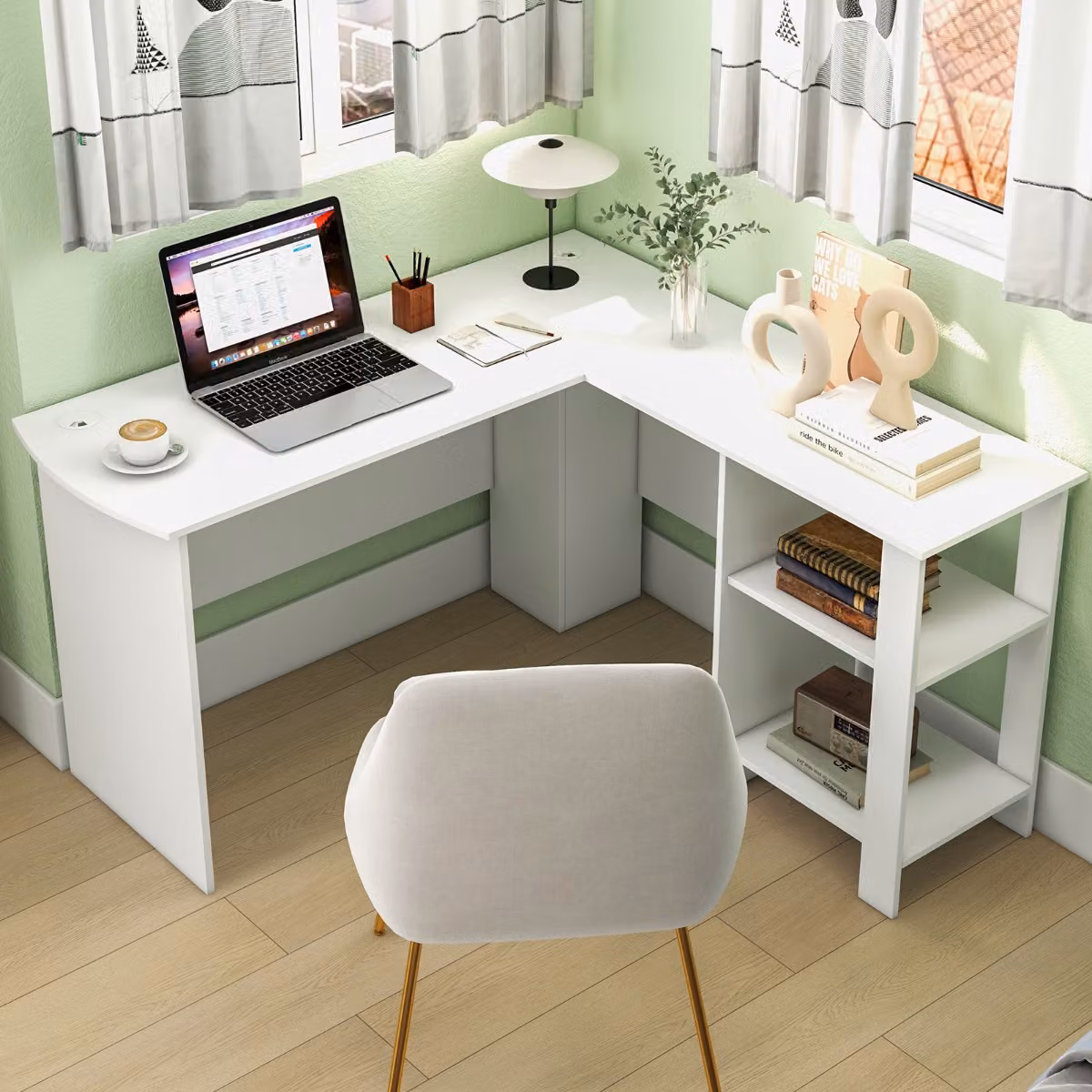 Scrivania ad angolo a forma di L Costway moderna in bianco con 2 fori passacavi e ripiani per CPU