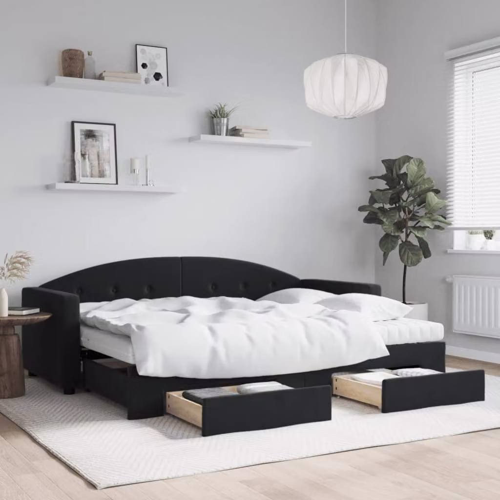 vidaXL Divano Letto Estraibile con Cassetti in Velluto Nero L/P/H: 200 x 80 x 75 cm