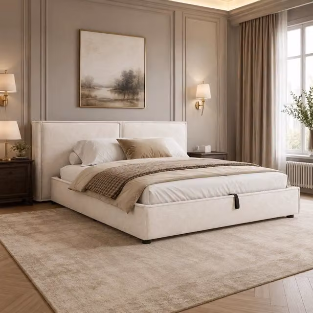 Letto contenitore matrimoniale 180 × 200 cm con vano idraulico, testiera imbottita, senza materasso, beige