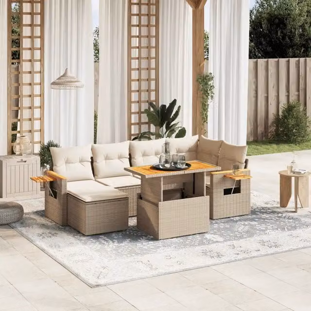 Set Divani da Giardino 7 pz con Cuscini Beige in Polyrattan 3273620