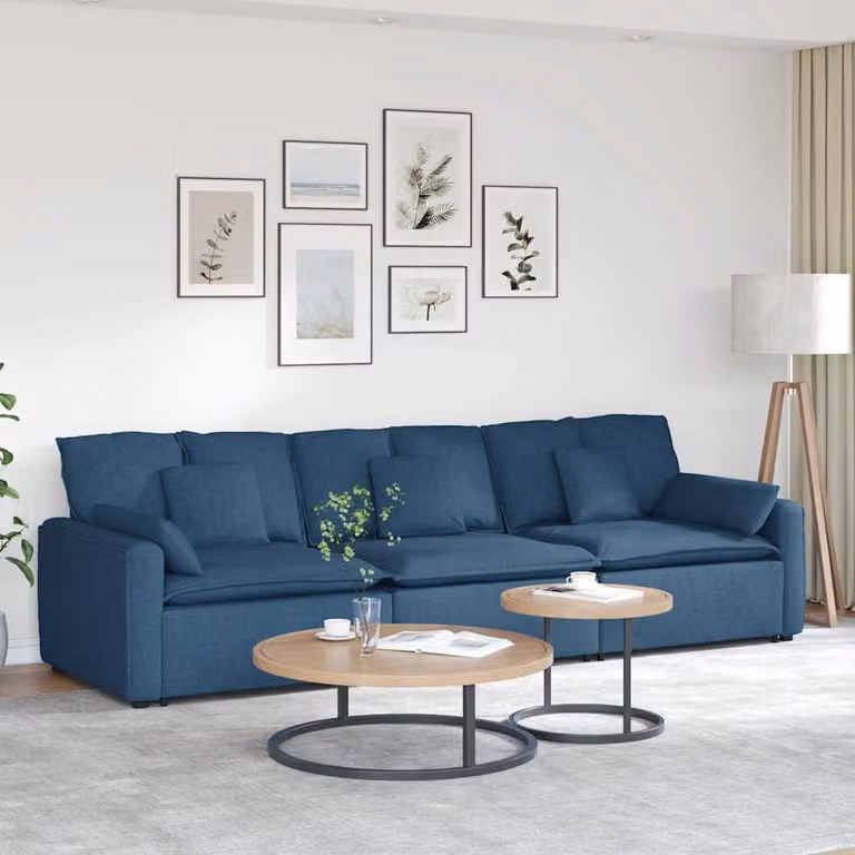 vidaXL Divano Modulare Moderno in Tessuto Blu con Cuscini e Struttura in Metallo e Legno