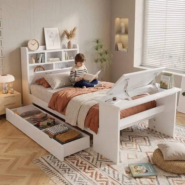 Letto singolo con contenitore e testiera ¨C Minimal ¨C Pino bianco 90x200 cm