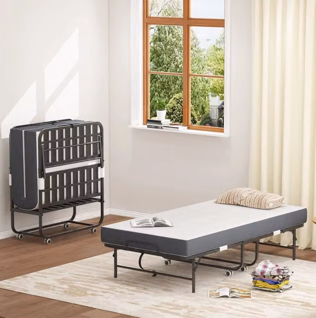 Letto pieghevole singolo 90x190 cm con materasso in memory foam; struttura in metallo nero
