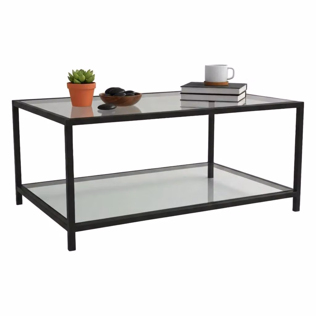 Tavolino da salotto moderno DMORA con piano in vetro trasparente e struttura in metallo, rettangolare, L: 90 cm, P: 60 cm, H: 40 cm – 2