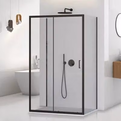 Box doccia Tay a 3 lati con porta scorrevole, forma rettangolare, colore nero opaco e vetro trasparente, L: 140 cm, P: 80 cm, H: 195 cm