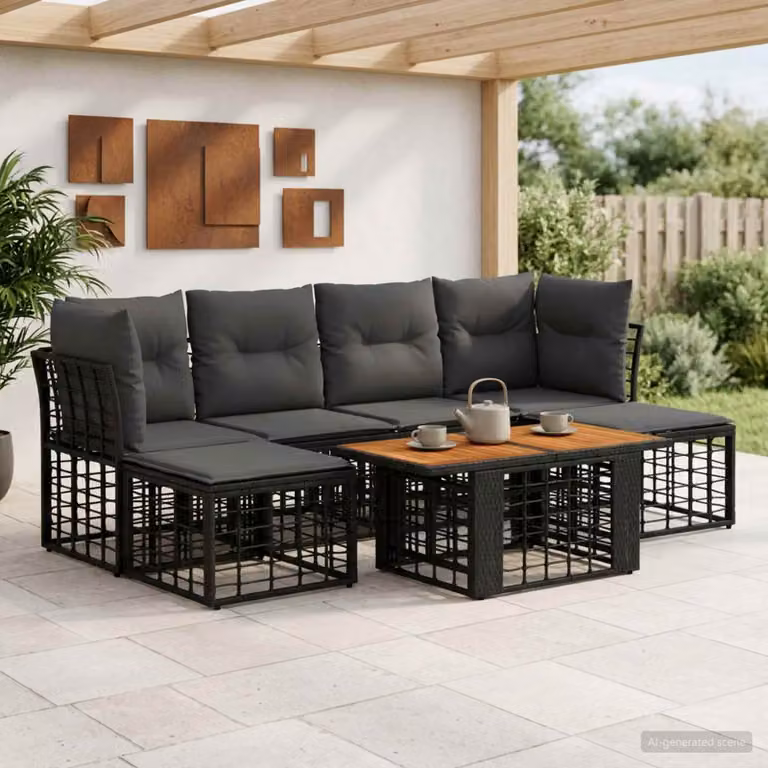 Set Divano da Giardino vidaXL 7 pz in Polyrattan con Tavolino e Ottoman, Colore Nero e Grigio scuro