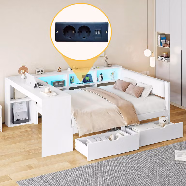 Merax divano letto 140x200 cm con prese di corrente, LED, 2 cassetti, scrivania, vano portaoggetti, testata imbottita, letto per bambini, letto in legno, bianco