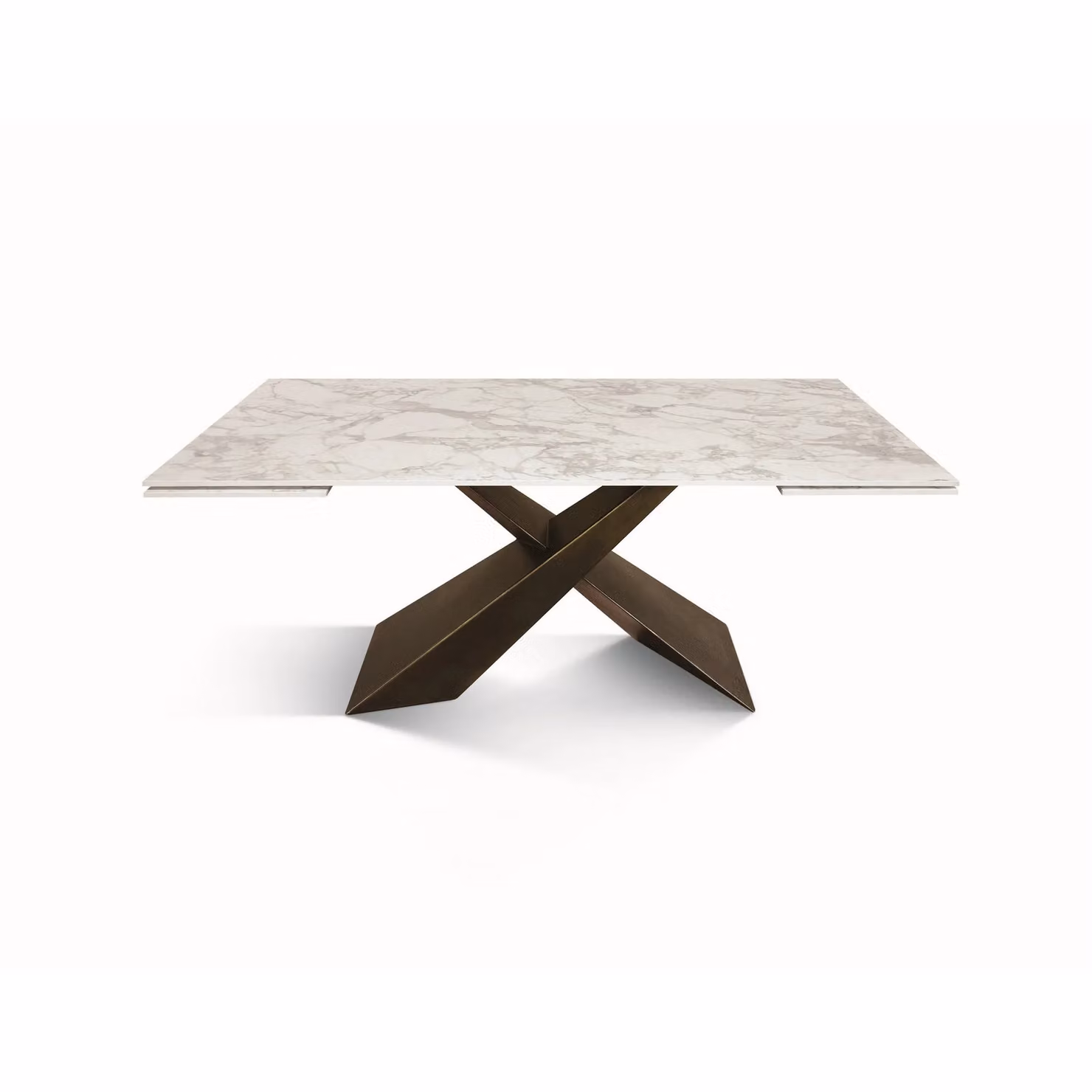 Tavolo FIGARI in vetroceramica bianco arabesco con gambe a X in metallo bronzo, allungabile 180×90 cm – 260×90 cm
