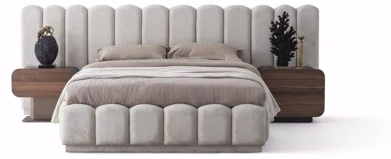 Letto dal design esclusivo, moderno, nei toni del grigio e del beige, con finiture in noce. Elegante soluzione per la camera da letto