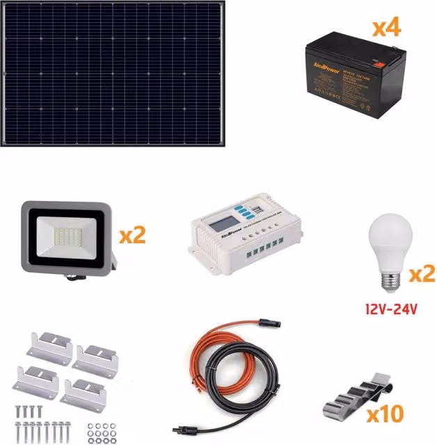 Kit Fotovoltaico a Isola ALCAPOWER 160W con Pannello Solare, Regolatore di Carica, Proiettore e Accessori Multicolore