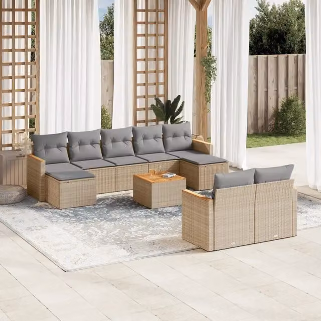 vidaXL Set Divano da Giardino 10 pz a forma di U in Polyrattan con Cuscini Beige e Tavolino