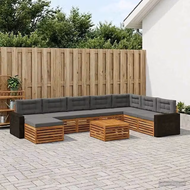Set di divani da esterno a forma di U vidaXL in legno di acacia con tavolino e pouf, colore Antracite e Marrone – 1