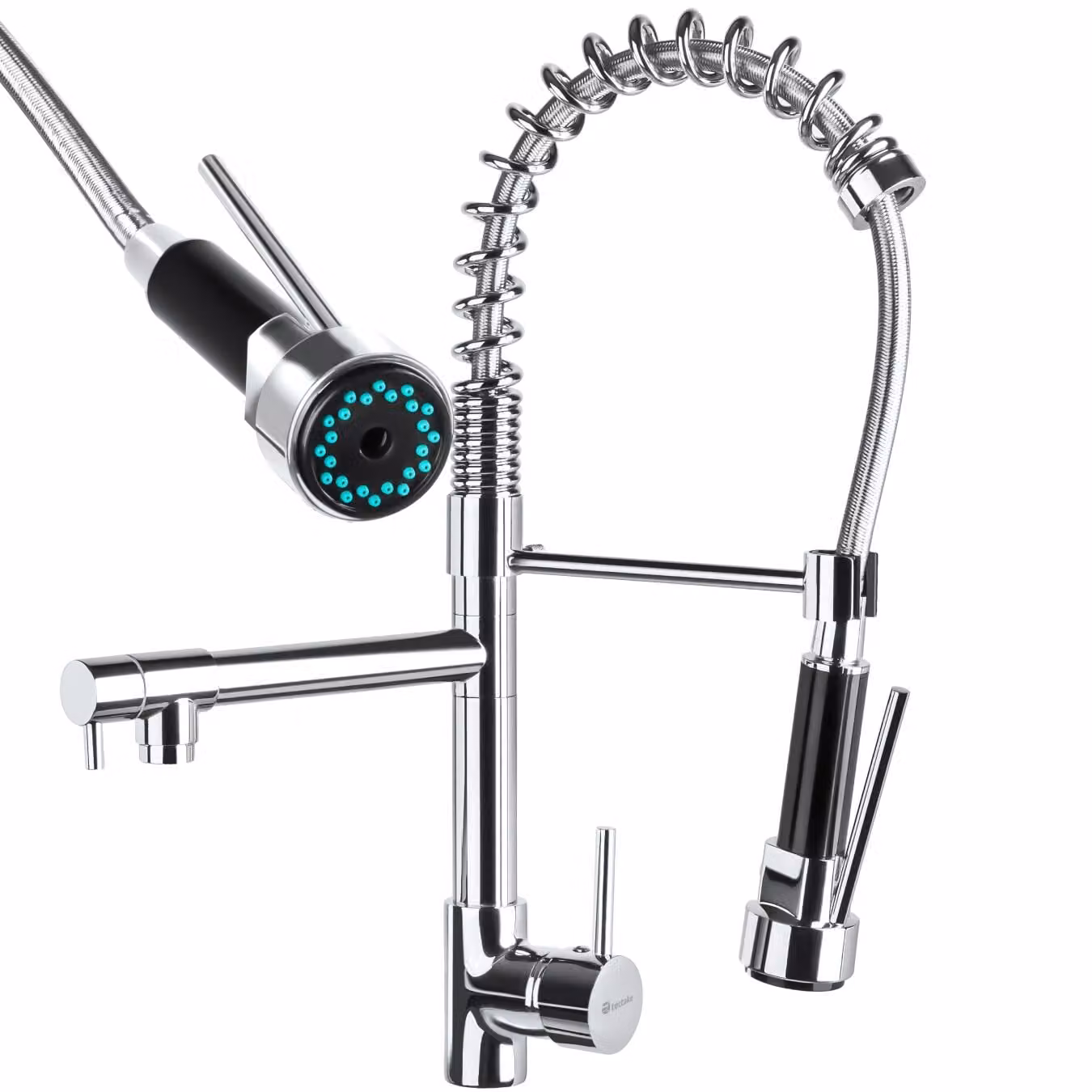 Rubinetteria da cucina TecTake con due rubinetti e doccetta estraibile in ottone, colore grigio e argento – 1