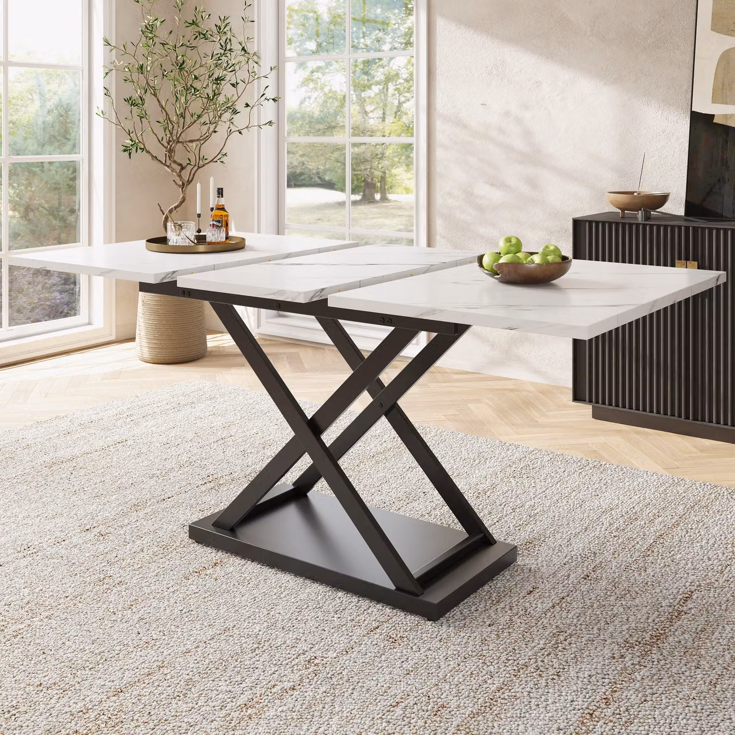 MODFU Tavolo da pranzo pieghevole, tavolo telescopico (120-160×80 cm), tavolo da cucina con gambe in metallo, per sala da pranzo e soggiorno, piano bianco e gambe in ferro incrociate nere