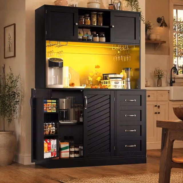 Credenza Mivray moderna con illuminazione LED integrata e 4 ante in MDF nero L 120 cm, P 40 cm, H 188 cm