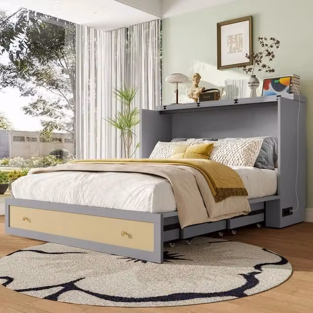 Letto a Scomparsa con Cassetti, Ripiano, USB ¨C MINIMAL ¨C Grigio 140x200