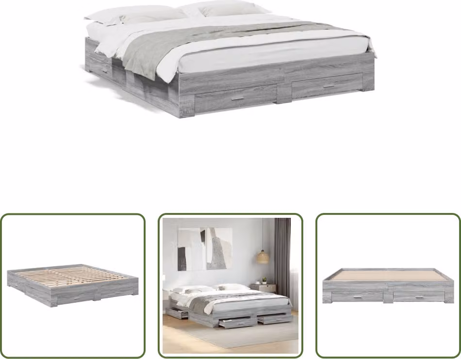 The Living Store Struttura letto con cassetti grigio Sonoma 200x200cm materiale legno