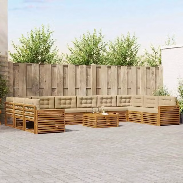 Set di divani da giardino vidaXL in legno di acacia massello, 11 pezzi, colore naturale e beige – 1