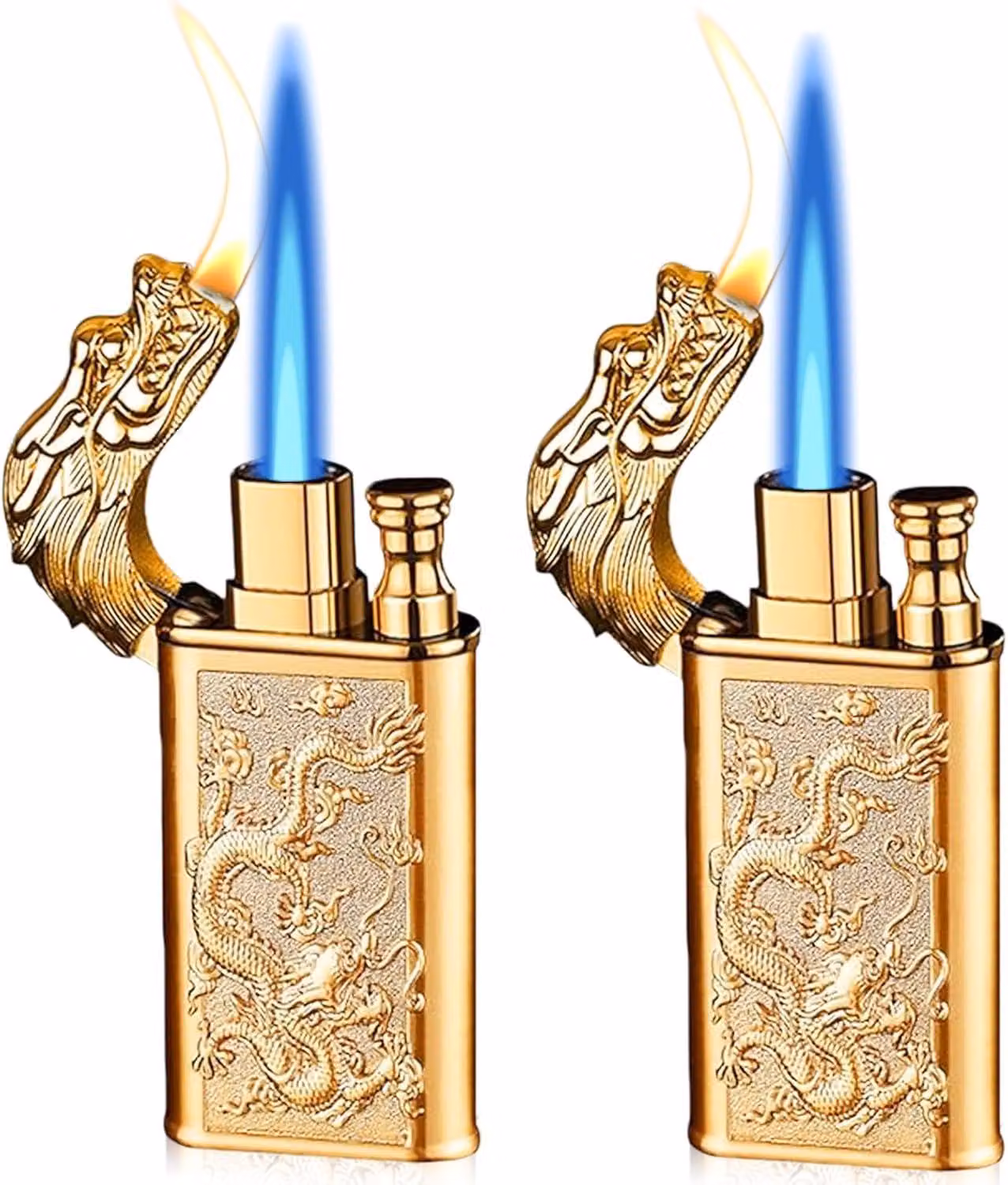 2 accendini: un accendino antivento con elegante rilievo a forma di drago, fiamma regolabile e delicata, e un accendino a gas butano ricaricabile, ideale per candele e uso in cucina