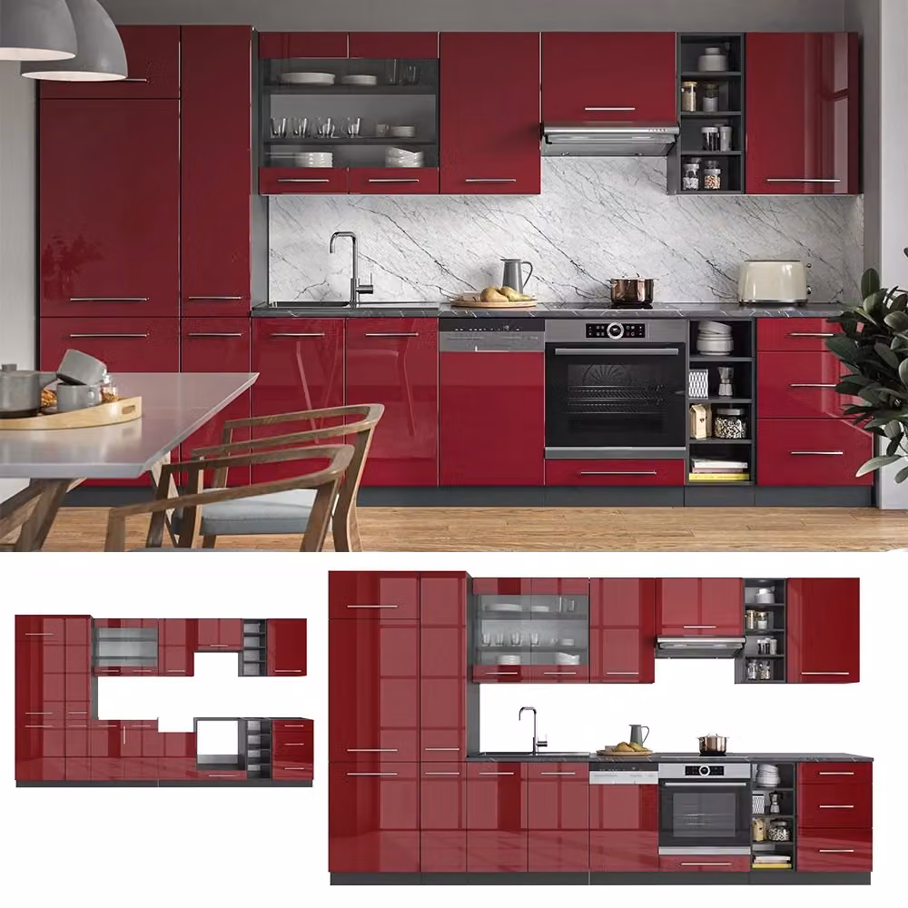 Cucina componibile Fame-Line Vicco colore Bordeaux lucido e Antracite con piano in Rovere, L: 355 cm – 2